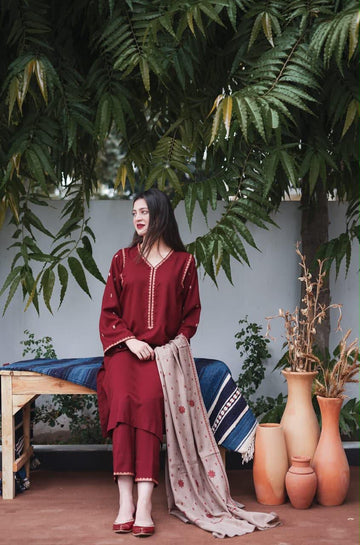 Emb Dhanak 3Pc Suit
